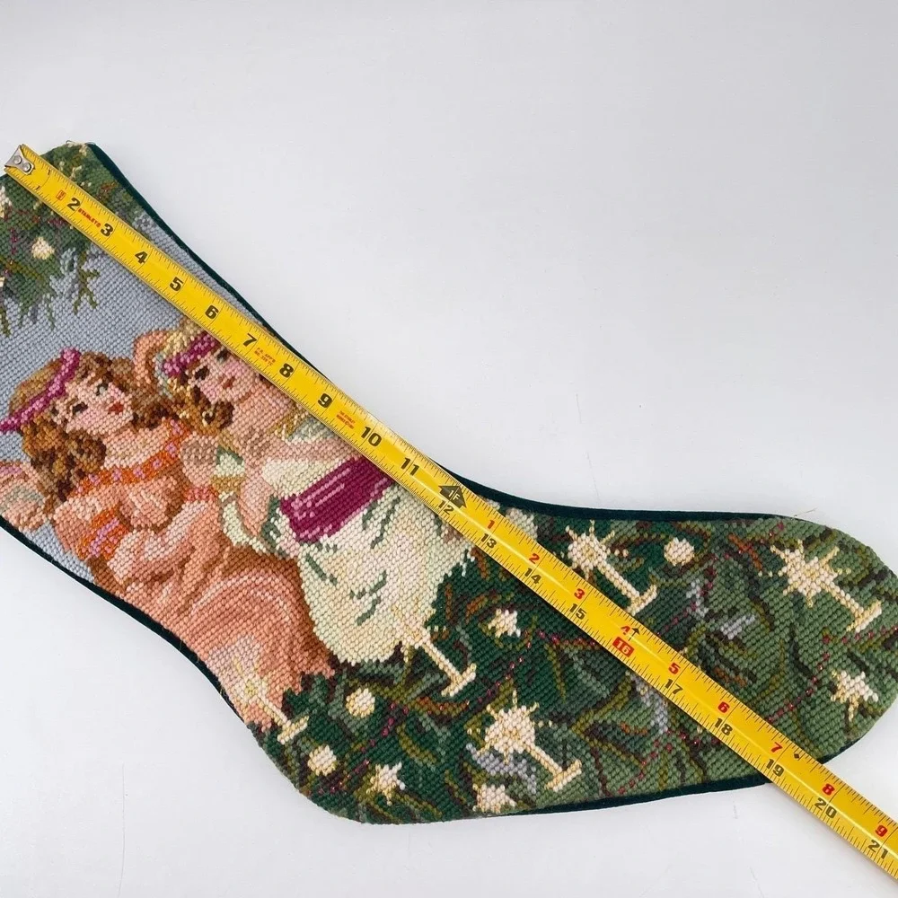 Needlepoint Christmas Stocking Angels Candles Wool Velvet Green 21 In